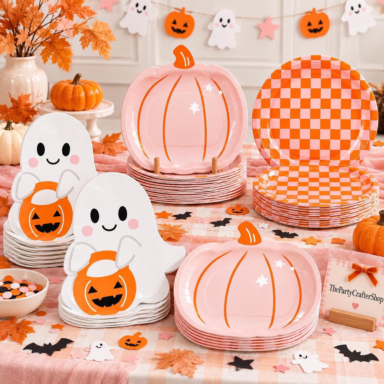 60-Piece Halloween Partyware Set: 9-Inch Paper Plates, Pumpkin & Ghost Napkins