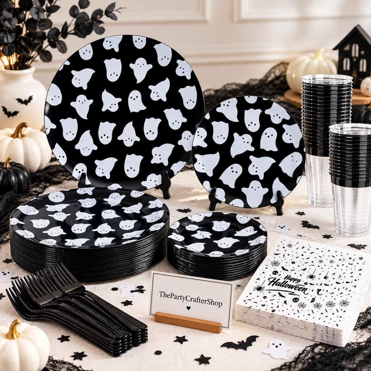 Halloween Partyware Set: 30 Large Dinner Plates, 7-Inch Dessert Plates, 10-Ounce Cups, Napkins, Forks