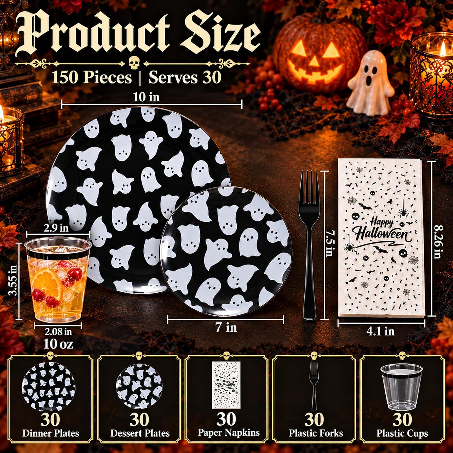 Halloween Partyware Set: 30 Large Dinner Plates, 7-Inch Dessert Plates, 10-Ounce Cups, Napkins, Forks