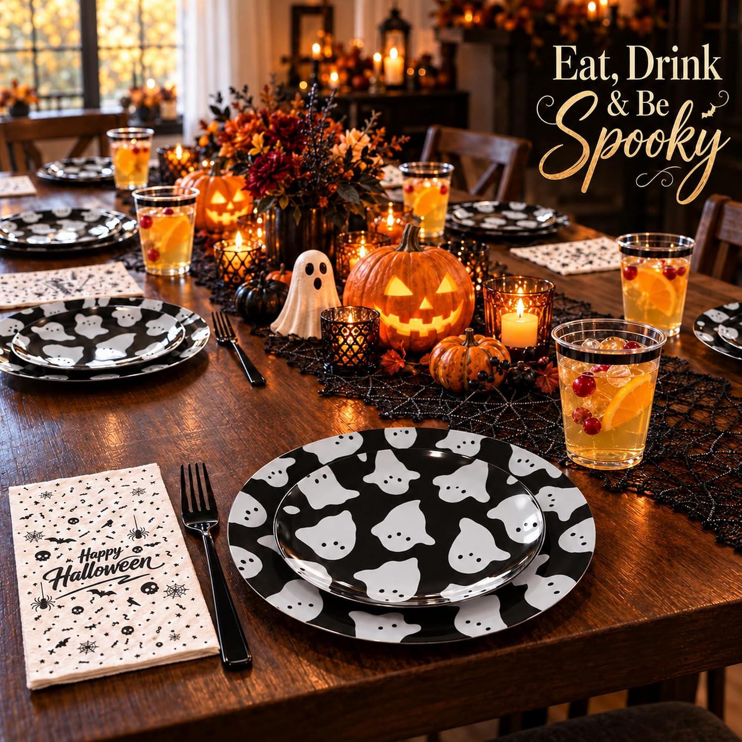 Halloween Partyware Set: 30 Large Dinner Plates, 7-Inch Dessert Plates, 10-Ounce Cups, Napkins, Forks