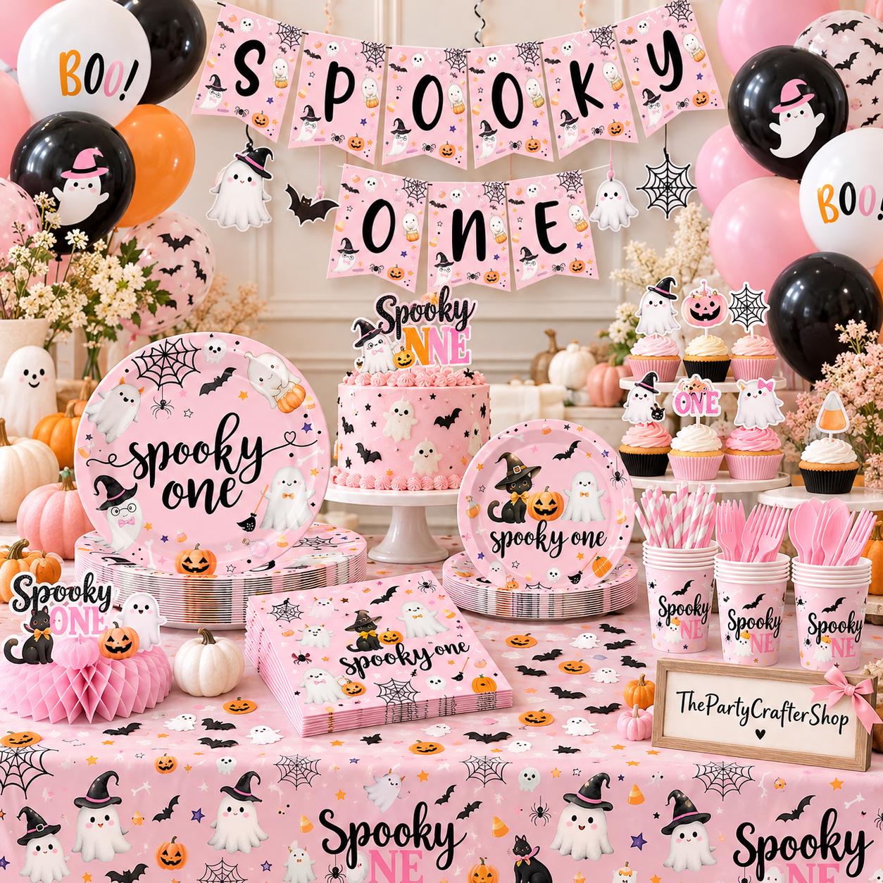 Spooky One First Birthday Party Set: 24 Guests, Pink Halloween Decorations