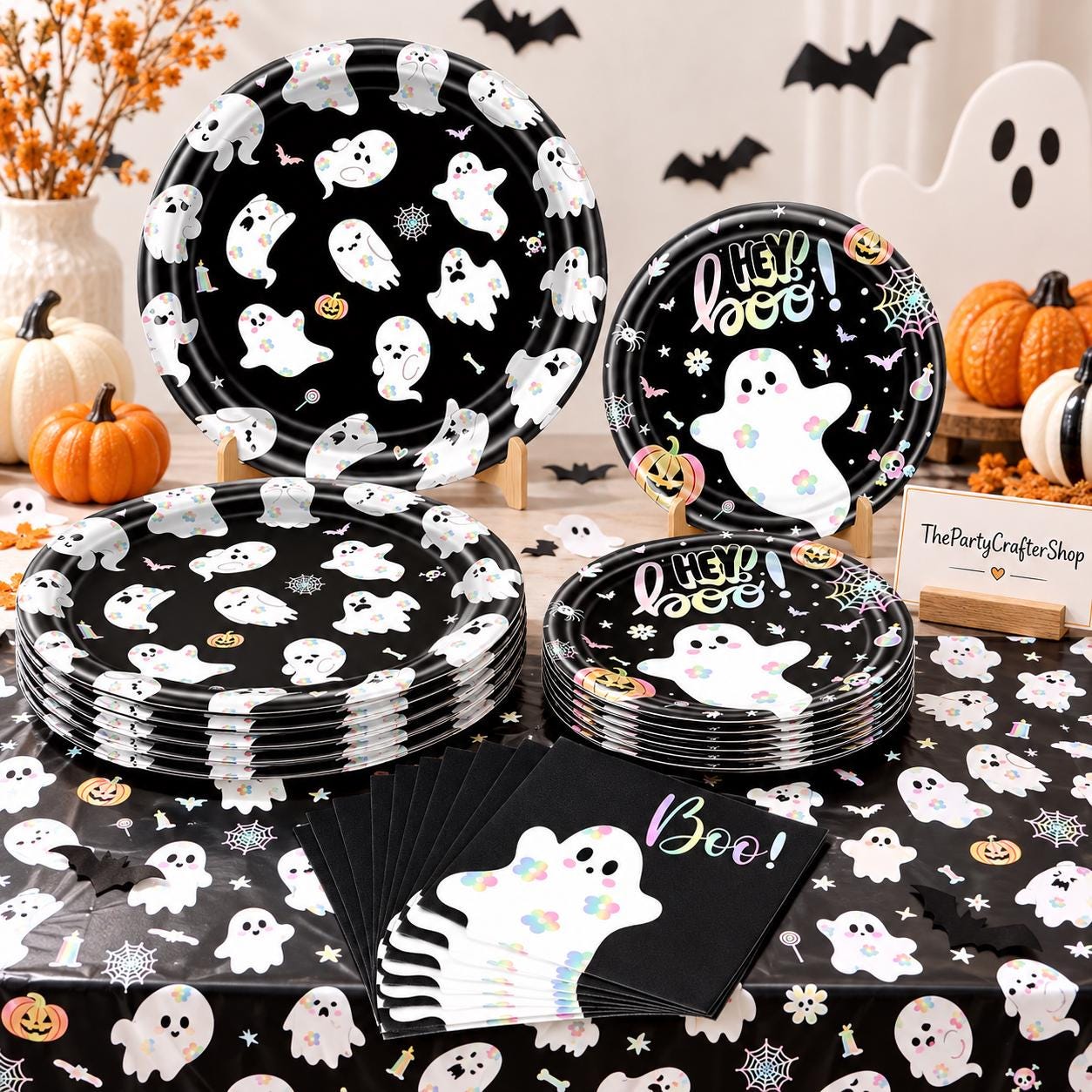 Boo Bash Tablecloth & Plates: 20 Guests, Sturdy Paper, Pastel Flowers