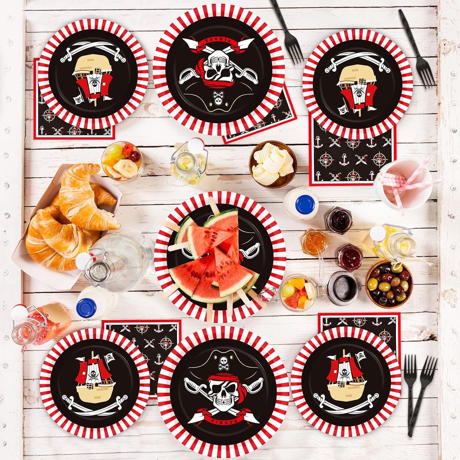 Pirate Party Tableware Set: 24 Plates, Napkins, Forks (Disposable)