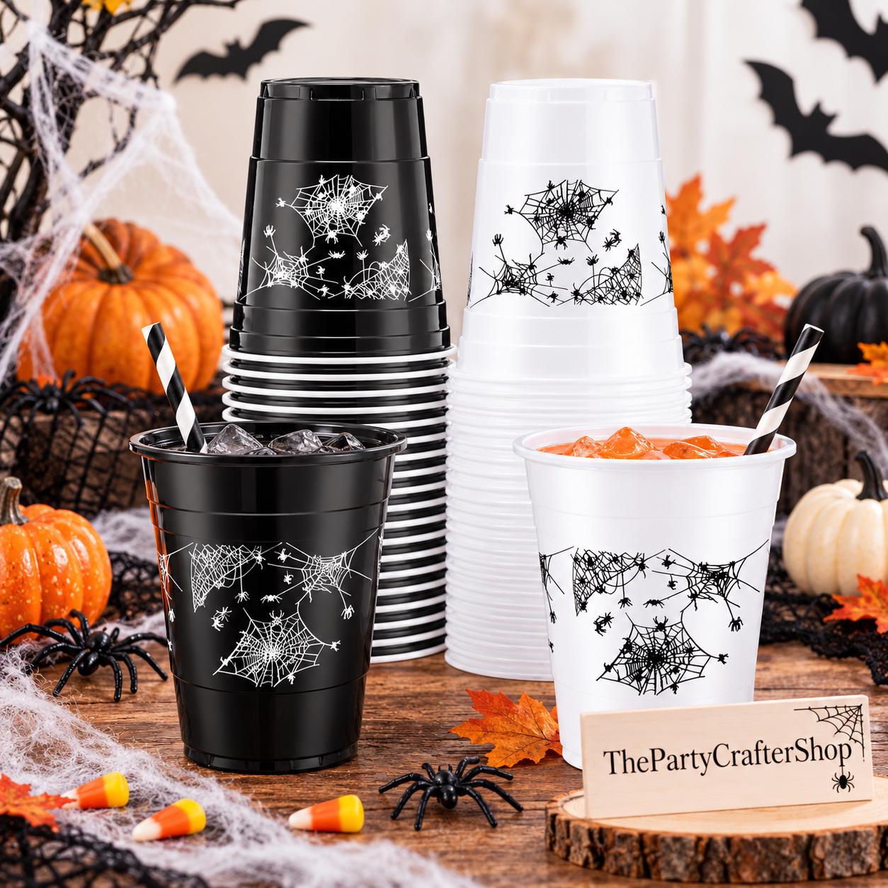 60 Halloween Cups, Black White Spider Gothic Plastic Drinkware (16oz)