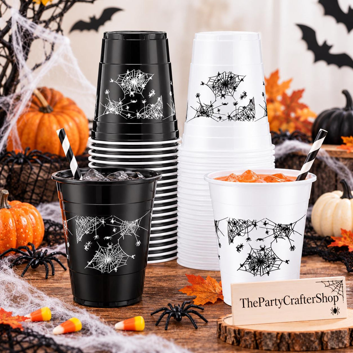 60 Halloween Cups, Black White Spider Gothic Plastic Drinkware (16oz)