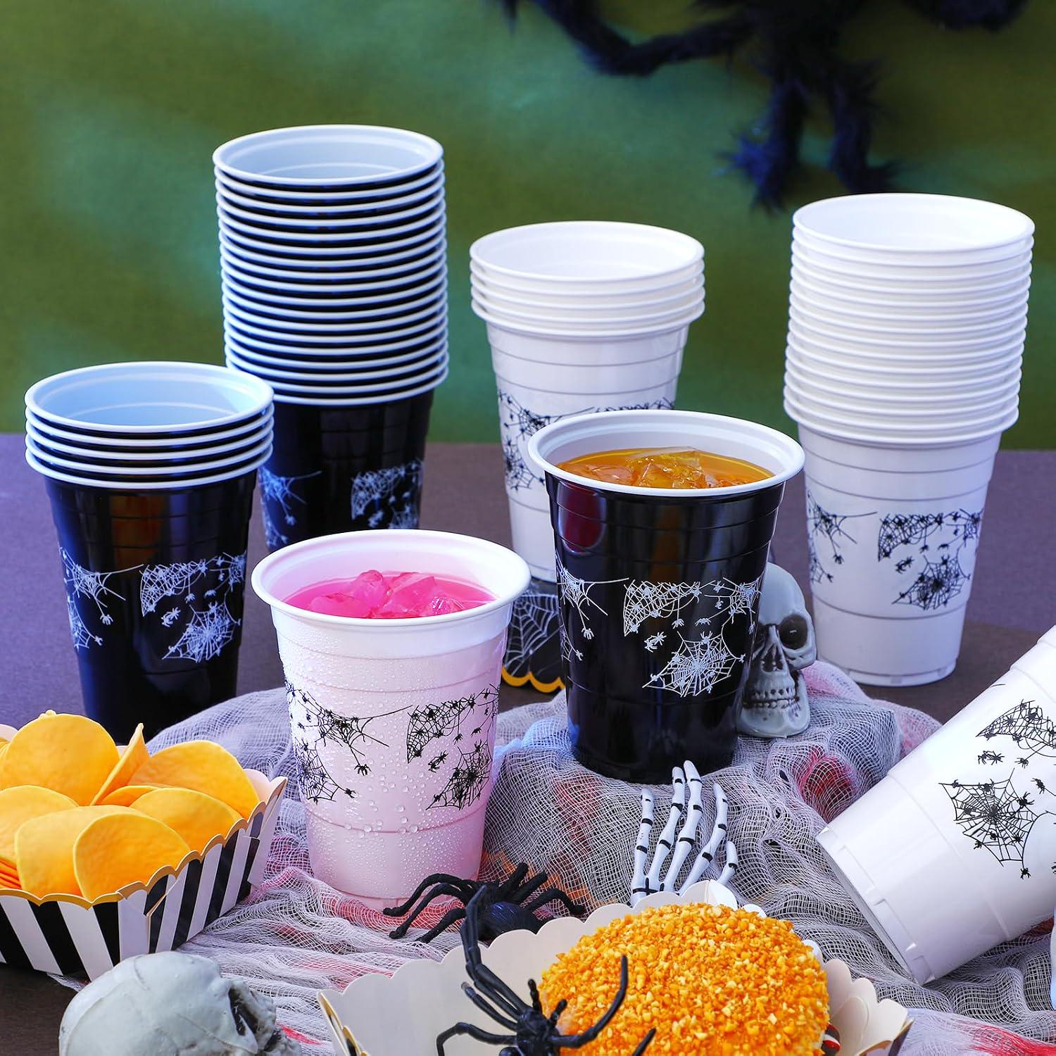 60 Halloween Cups, Black White Spider Gothic Plastic Drinkware (16oz)