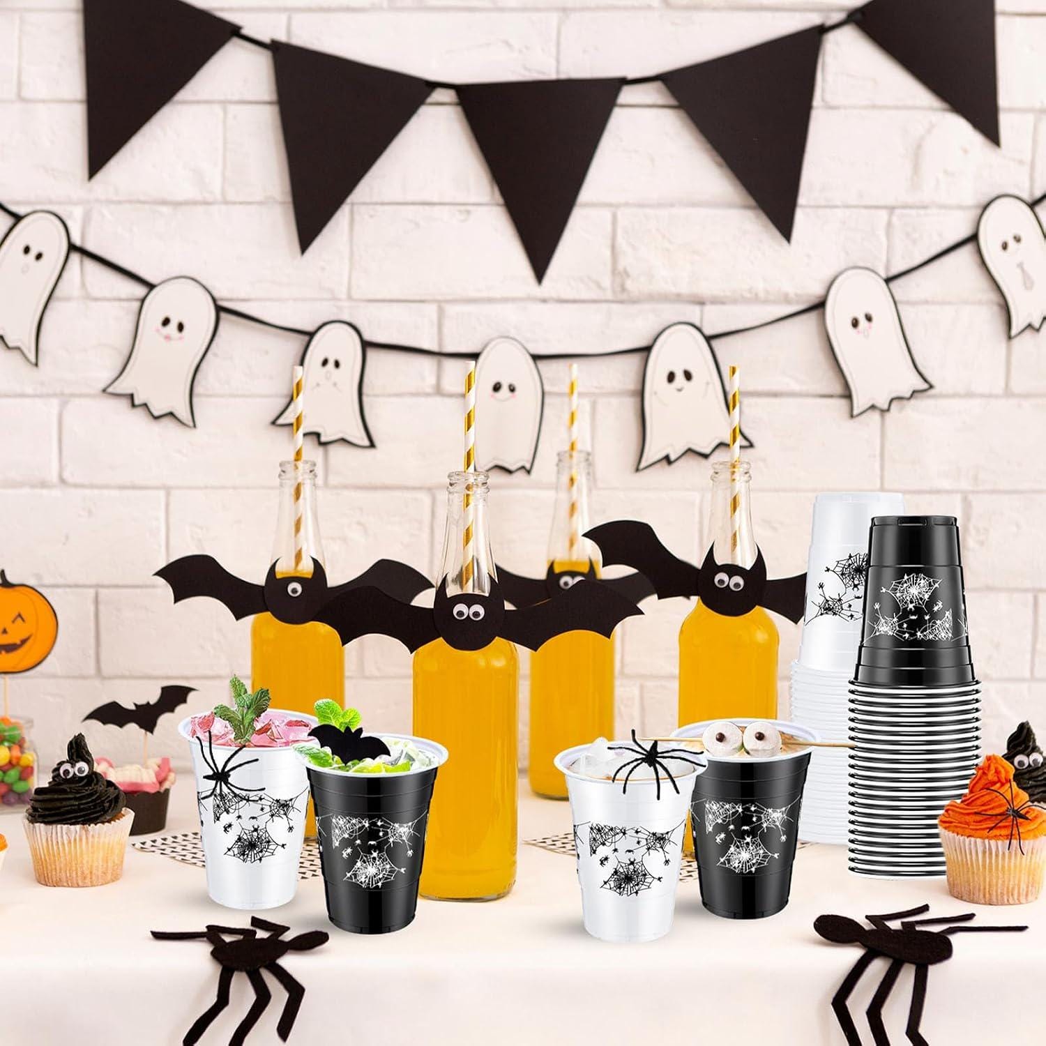60 Halloween Cups, Black White Spider Gothic Plastic Drinkware (16oz)