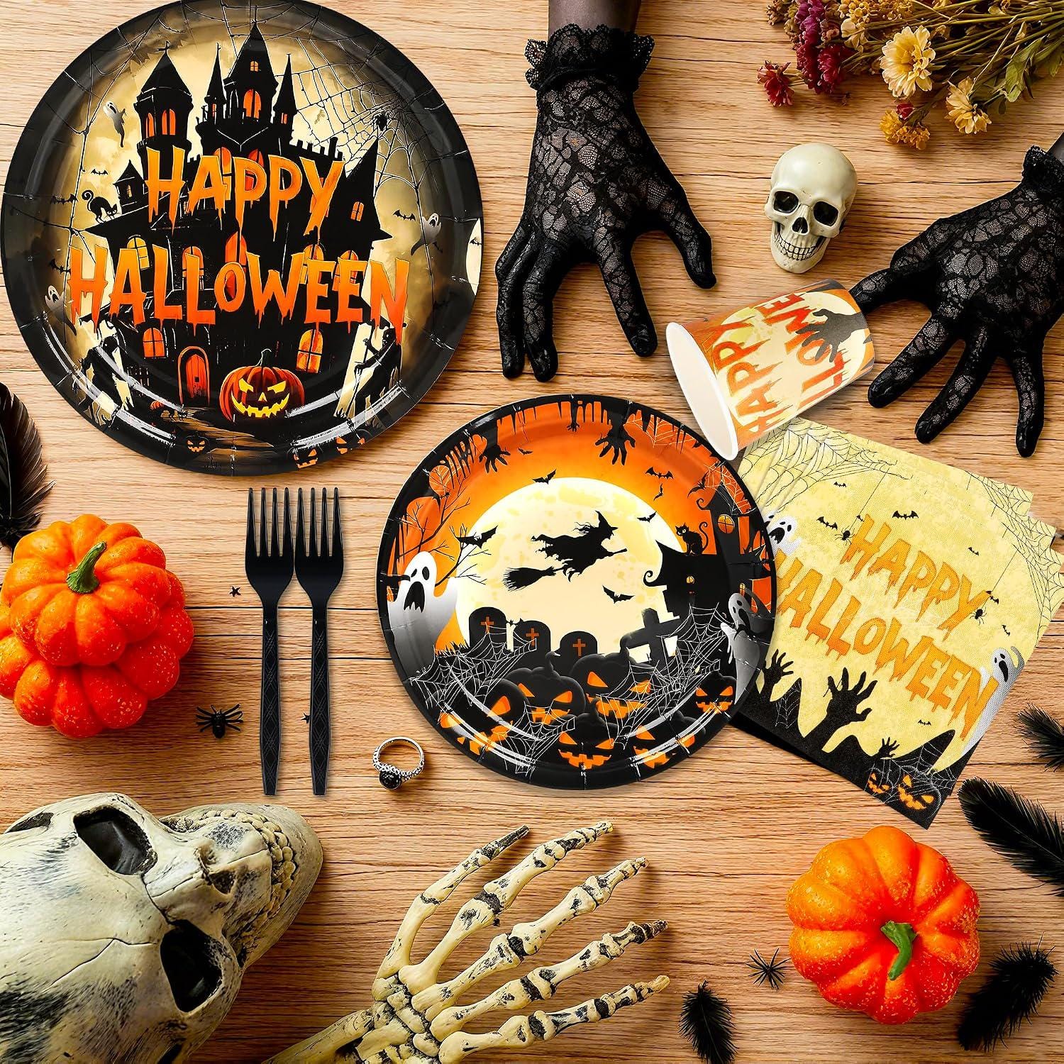 Halloween 125-Piece Partyware Set, Dinner Plates, Dessert Plates, Cups, Napkins, Forks