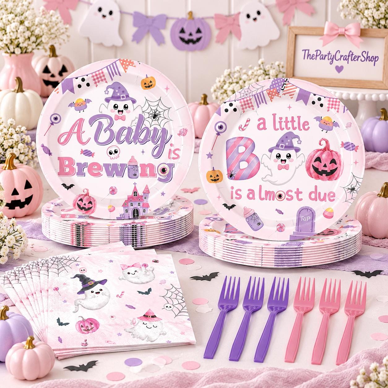 96-Piece Halloween Baby Shower Partyware Set, 9-Inch Plates, 7-Inch Dessert Plates, Napkins, Forks