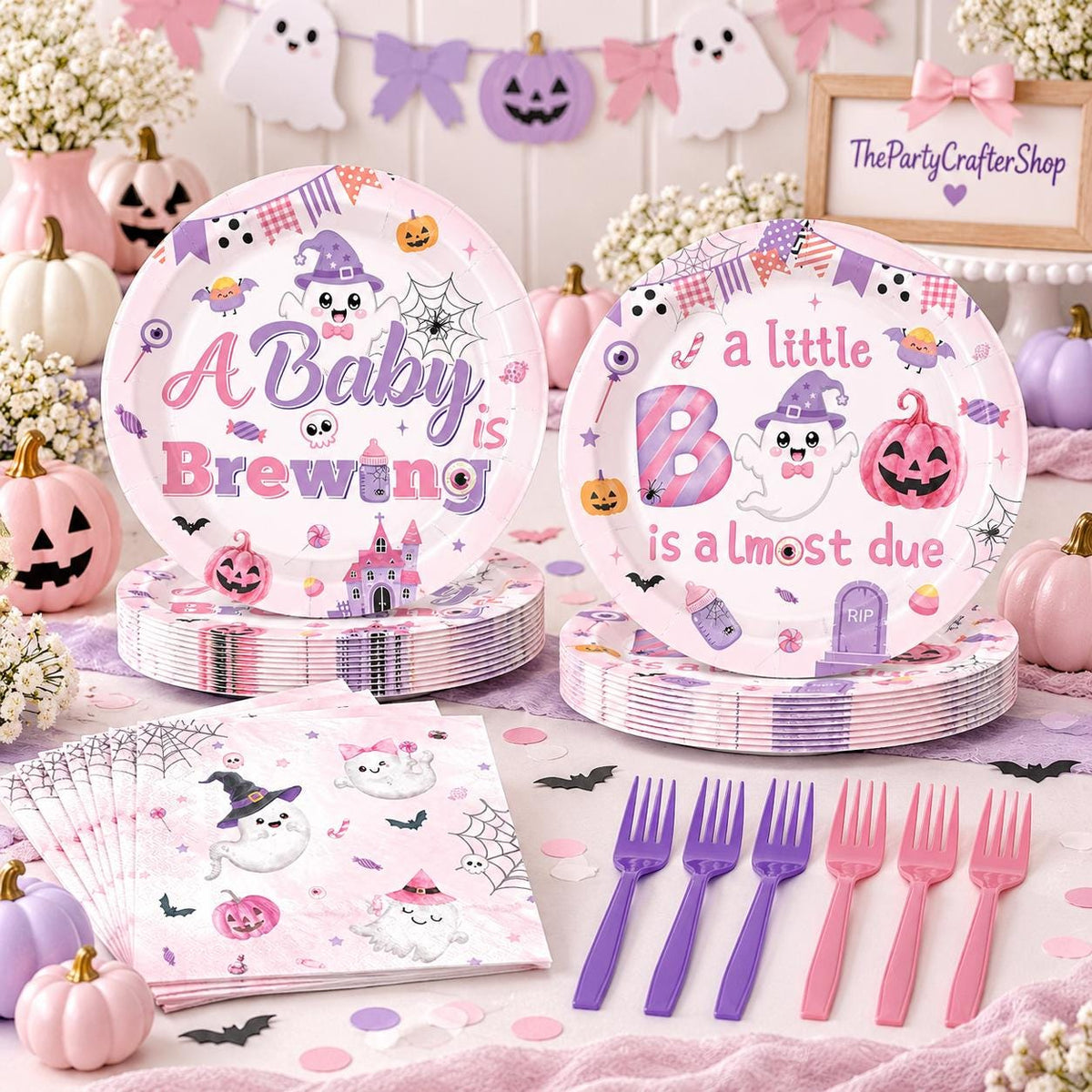 96-Piece Halloween Baby Shower Partyware Set, 9-Inch Plates, 7-Inch Dessert Plates, Napkins, Forks