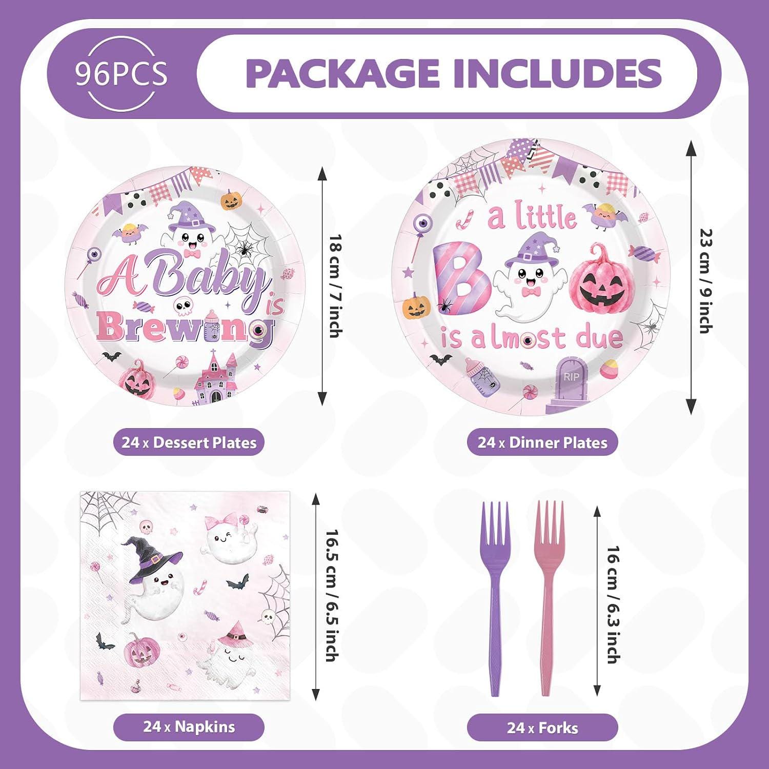 96-Piece Halloween Baby Shower Partyware Set, 9-Inch Plates, 7-Inch Dessert Plates, Napkins, Forks