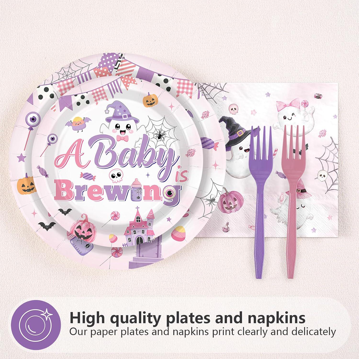 96-Piece Halloween Baby Shower Partyware Set, 9-Inch Plates, 7-Inch Dessert Plates, Napkins, Forks