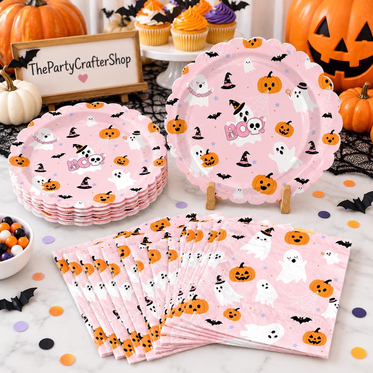 Pink Halloween Tableware: 9-Inch Ghost Dinner Plates, 6.5-Inch Napkins (100pc)