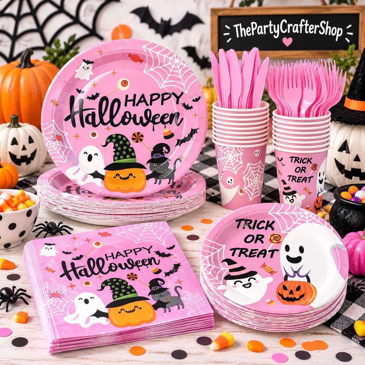 Pink Halloween Tableware: 120-Piece Disposable Set with Ghosts, Pumpkins, Bats, Spider Webs