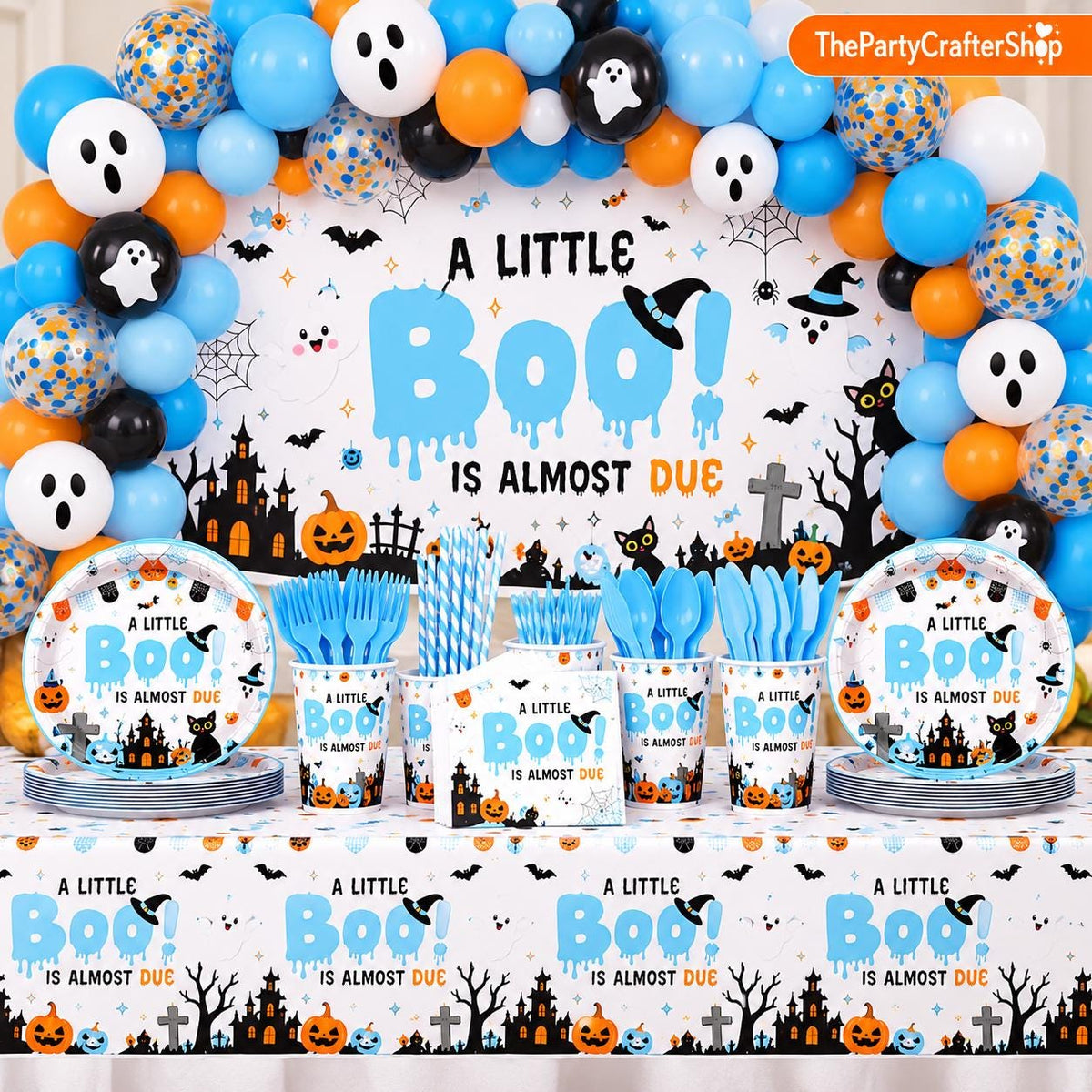 A Little Boo Baby Shower Set: Halloween Backdrop, Balloons, Tablecloth