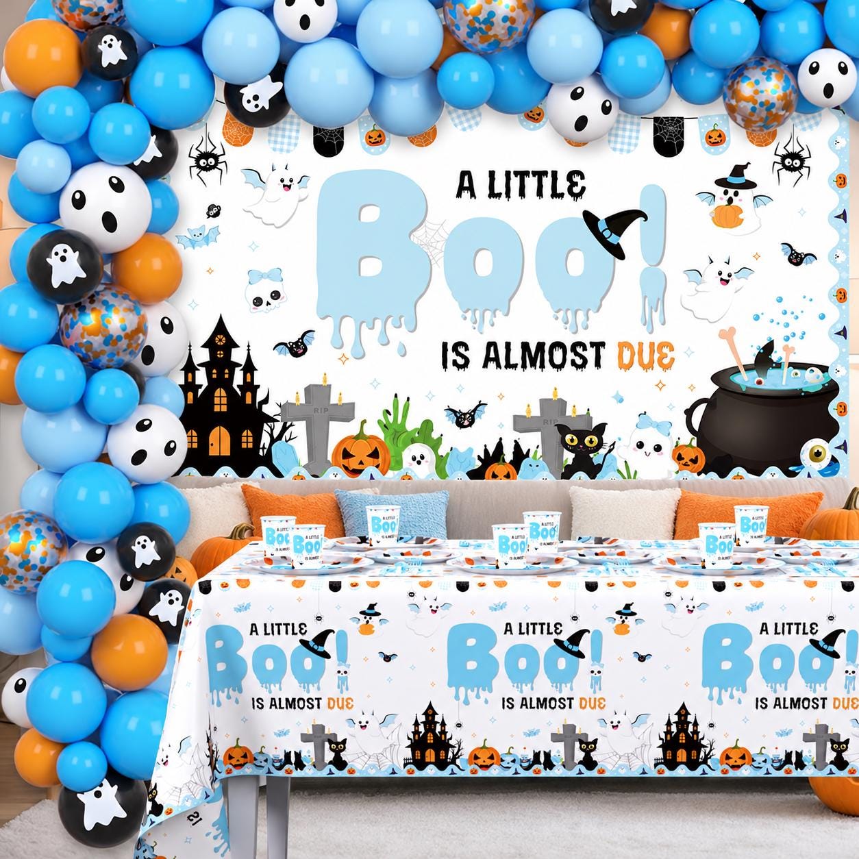 A Little Boo Baby Shower Set: Halloween Backdrop, Balloons, Tablecloth
