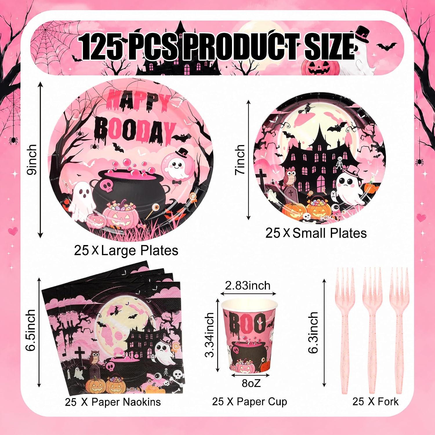 125 Piece Halloween Partyware Set, 9-Inch Plates, 7-Inch Dessert Plates, 8-Ounce Cups, Napkins, Forks
