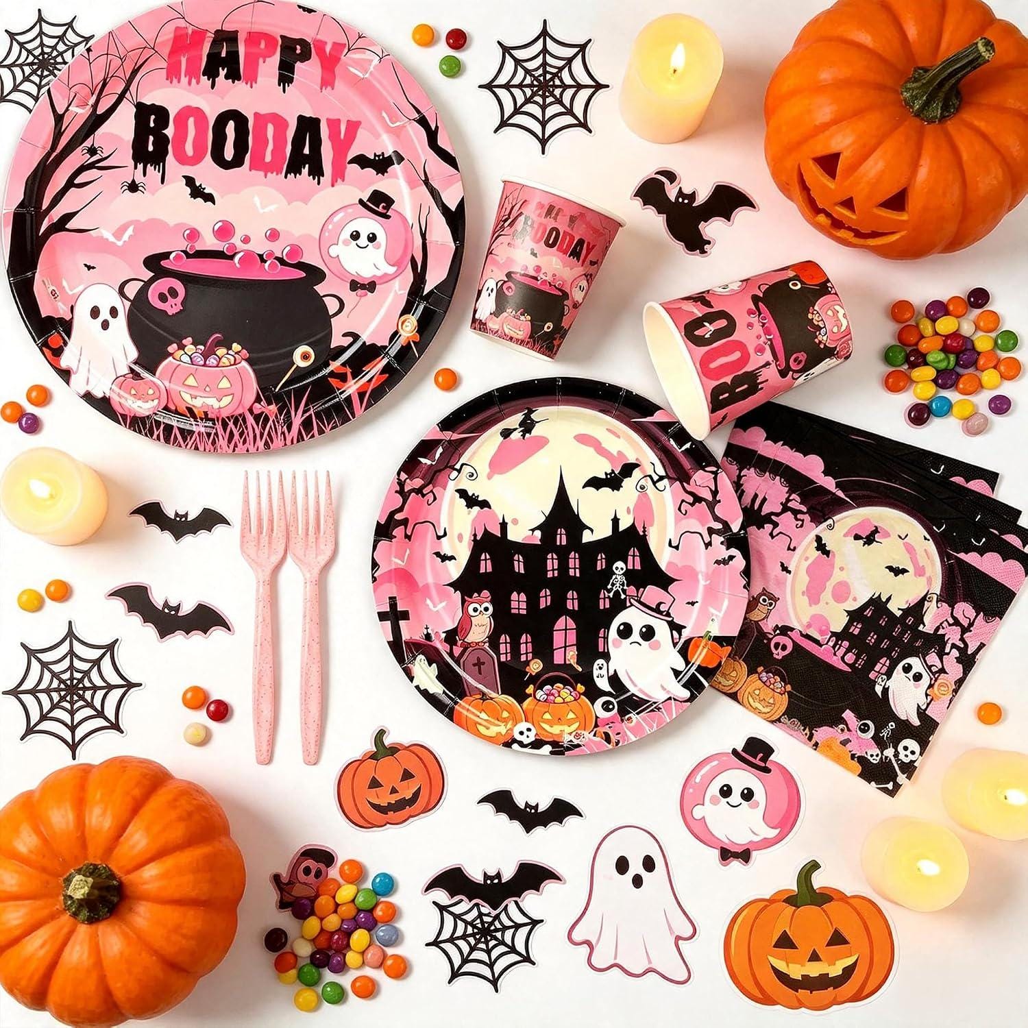 125 Piece Halloween Partyware Set, 9-Inch Plates, 7-Inch Dessert Plates, 8-Ounce Cups, Napkins, Forks