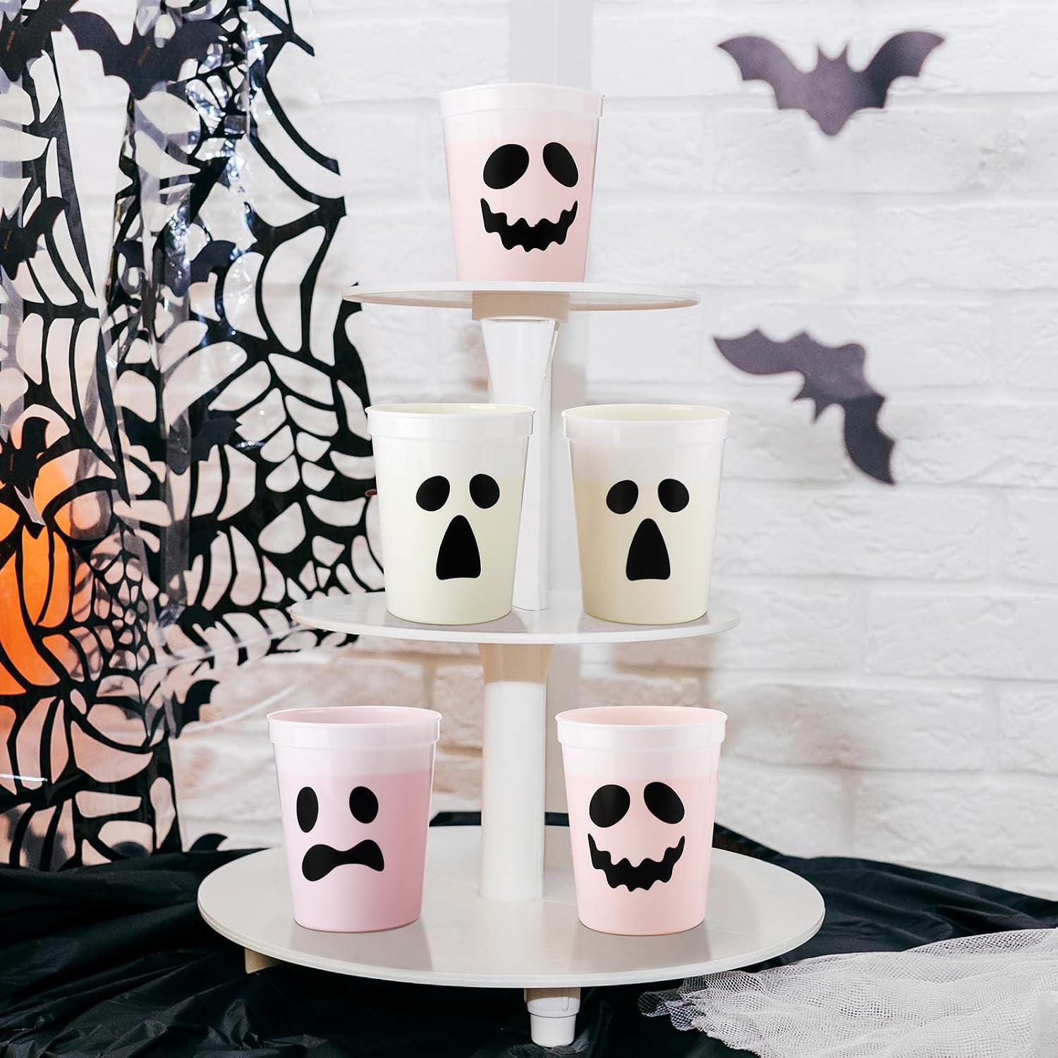 48-Count Halloween Cups, White Plastic Ghosts for Drinks and Snacks