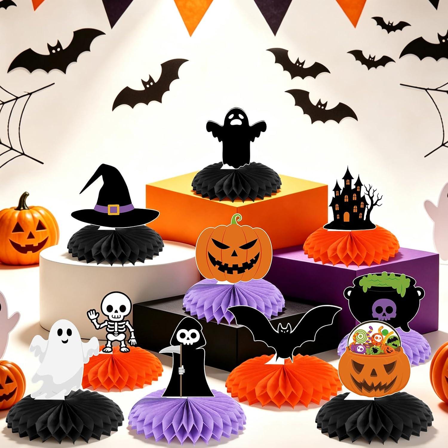 Halloween Honeycomb Centerpieces: Set of 12 Printed Cardstock with Black Purple Orange Balls