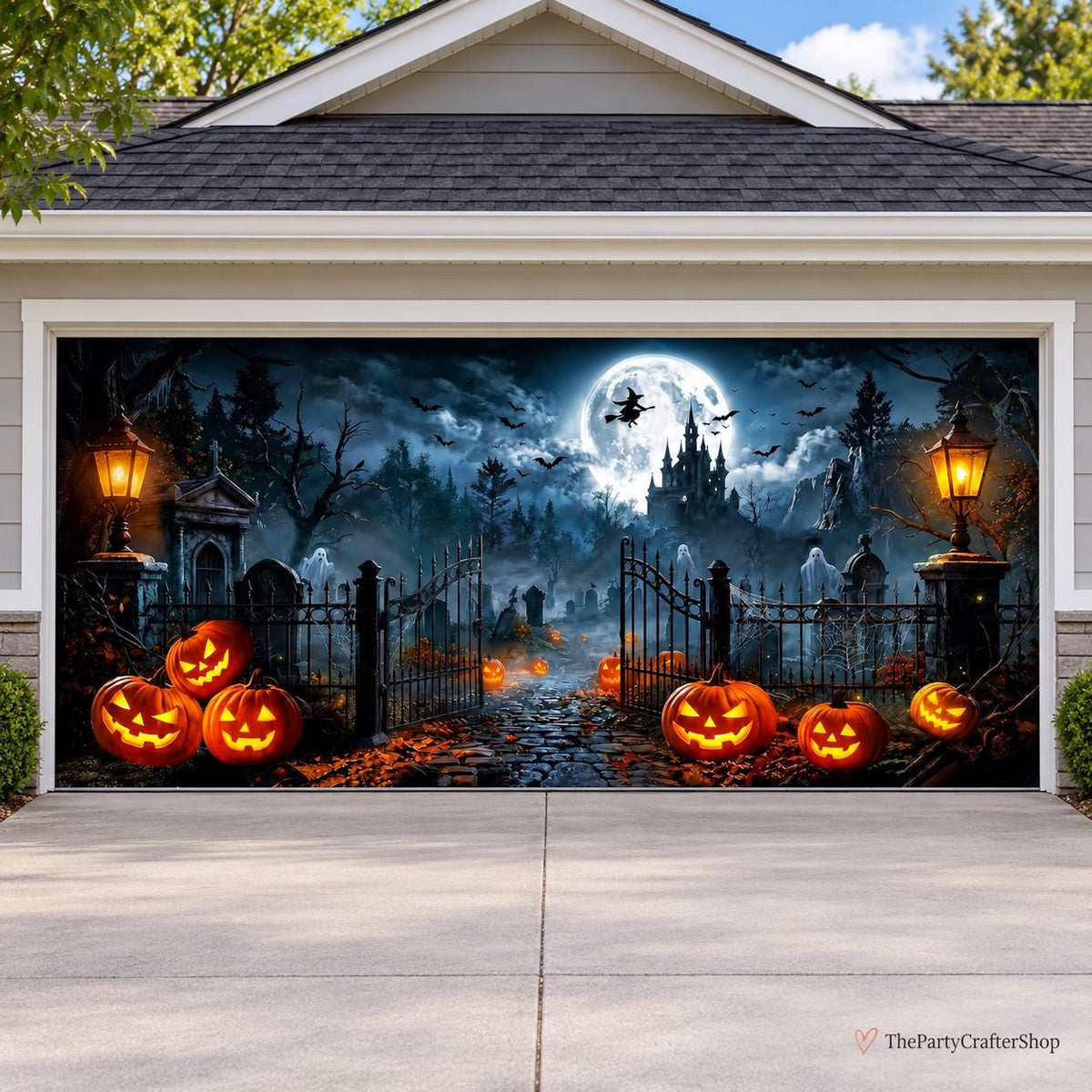 Haunted Castle Halloween Garage Door Cover, 7'x16' Outdoor Party Backdrop