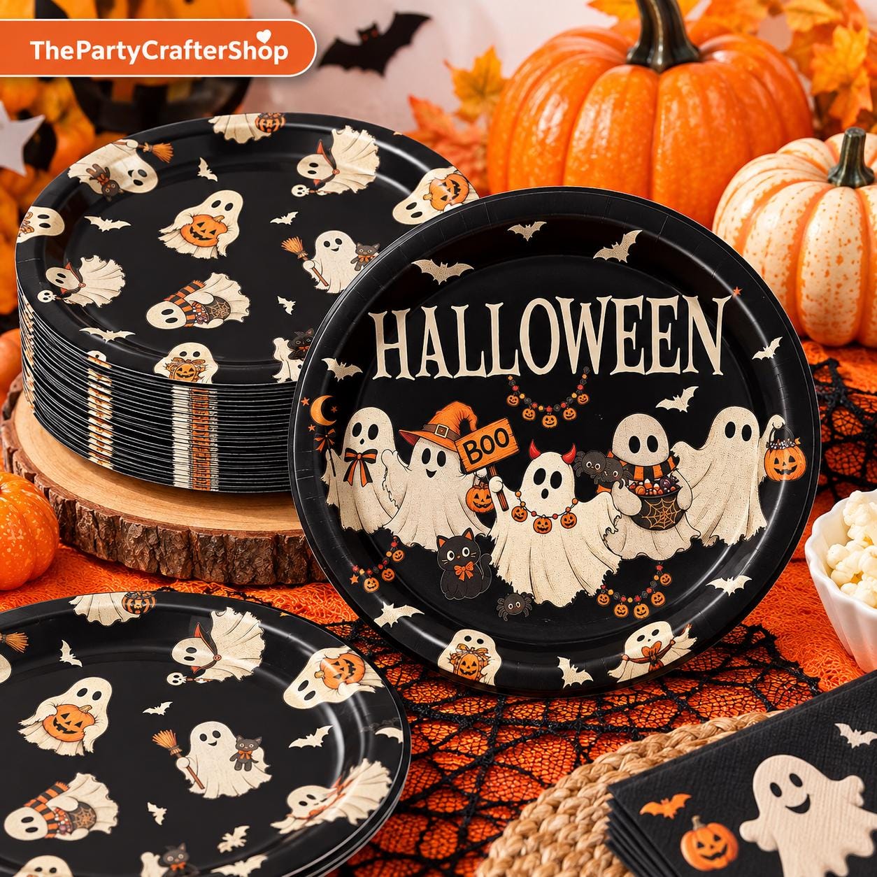 Halloween Paper Plates: Set of 50 Large Oval Retro Ghost Party Tableware