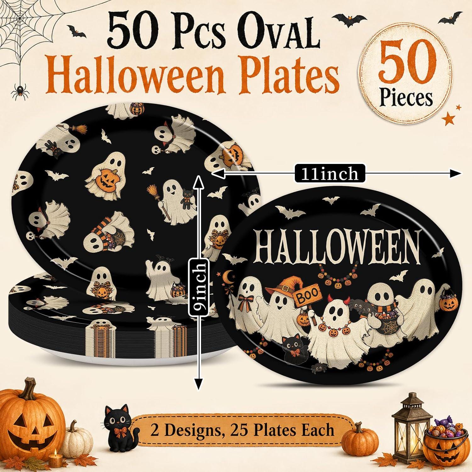 Halloween Paper Plates: Set of 50 Large Oval Retro Ghost Party Tableware