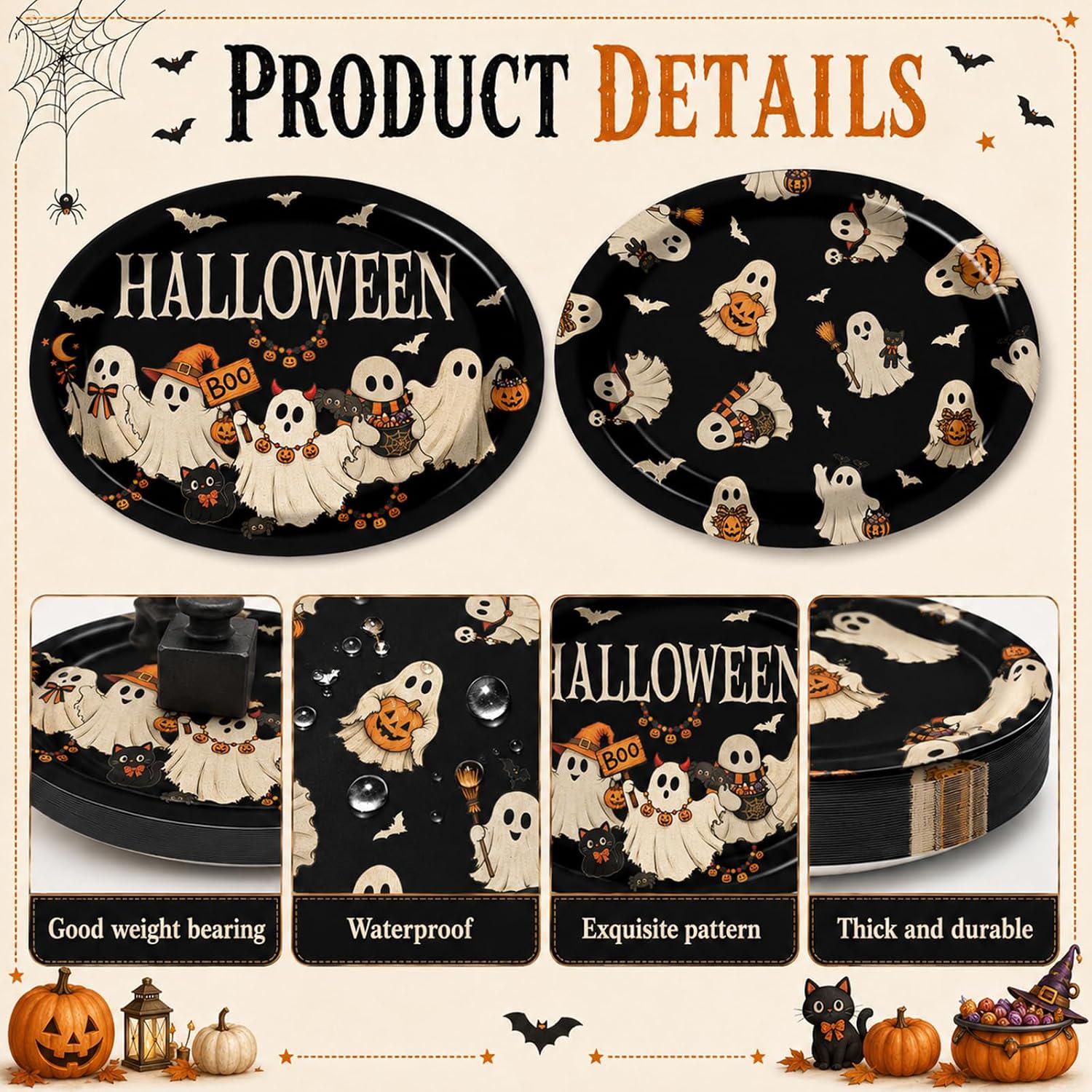 Halloween Paper Plates: Set of 50 Large Oval Retro Ghost Party Tableware