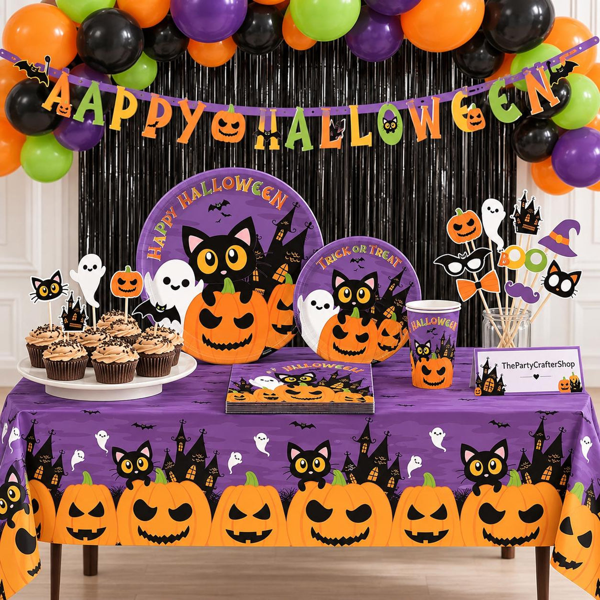 Halloween Party Set: 9-Inch Plates, 7-Inch Dessert Plates, 9-Ounce Cups, Napkins, Table Covers, Banner, Balloons, Photo Props