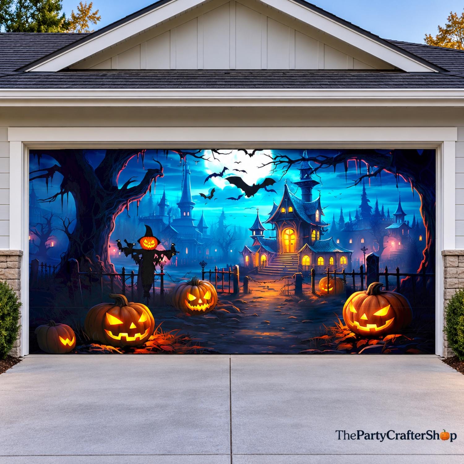 7x16ft Halloween Garage Door Banner, Spooky Moonlit Night Backdrop (Outdoor Decor)