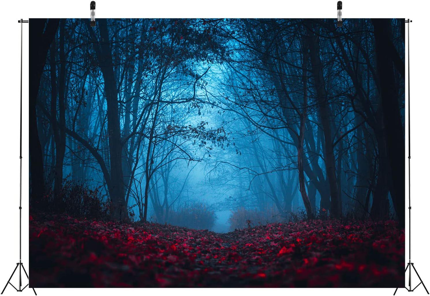 7x5ft Foggy Forest Halloween Backdrop, Dark Horror Park, Red Leaves, Spooky Party Decor