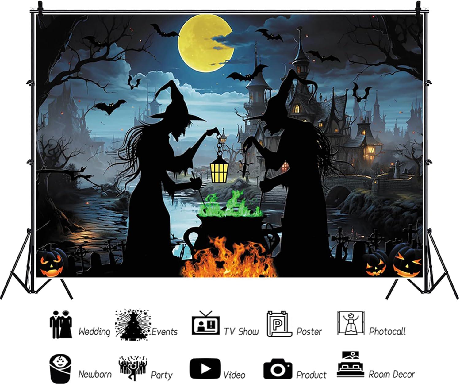 10x8ft Halloween Witch Backdrop, Spooky Cemetery Photography Background (Vinyl)