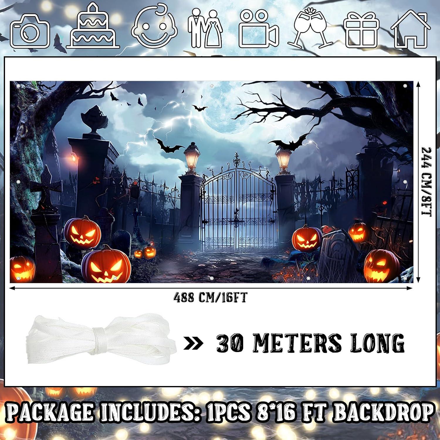 Large Halloween Cemetery Backdrop, 8x16 ft Polyester Outdoor Decor (8 Holes, 4 Ropes)
