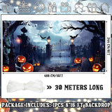 Large Halloween Cemetery Backdrop, 8x16 ft Polyester Outdoor Decor (8 Holes, 4 Ropes)