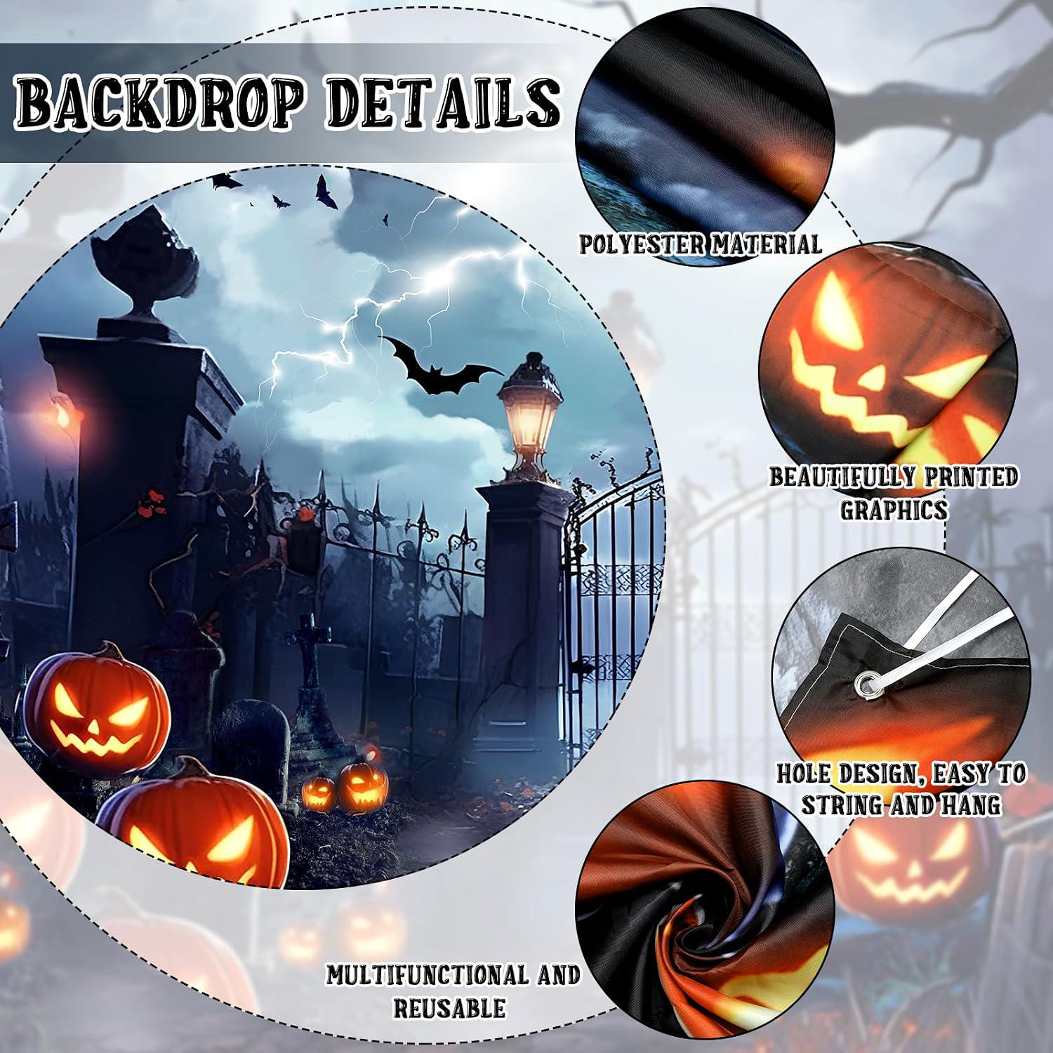 Large Halloween Cemetery Backdrop, 8x16 ft Polyester Outdoor Decor (8 Holes, 4 Ropes)