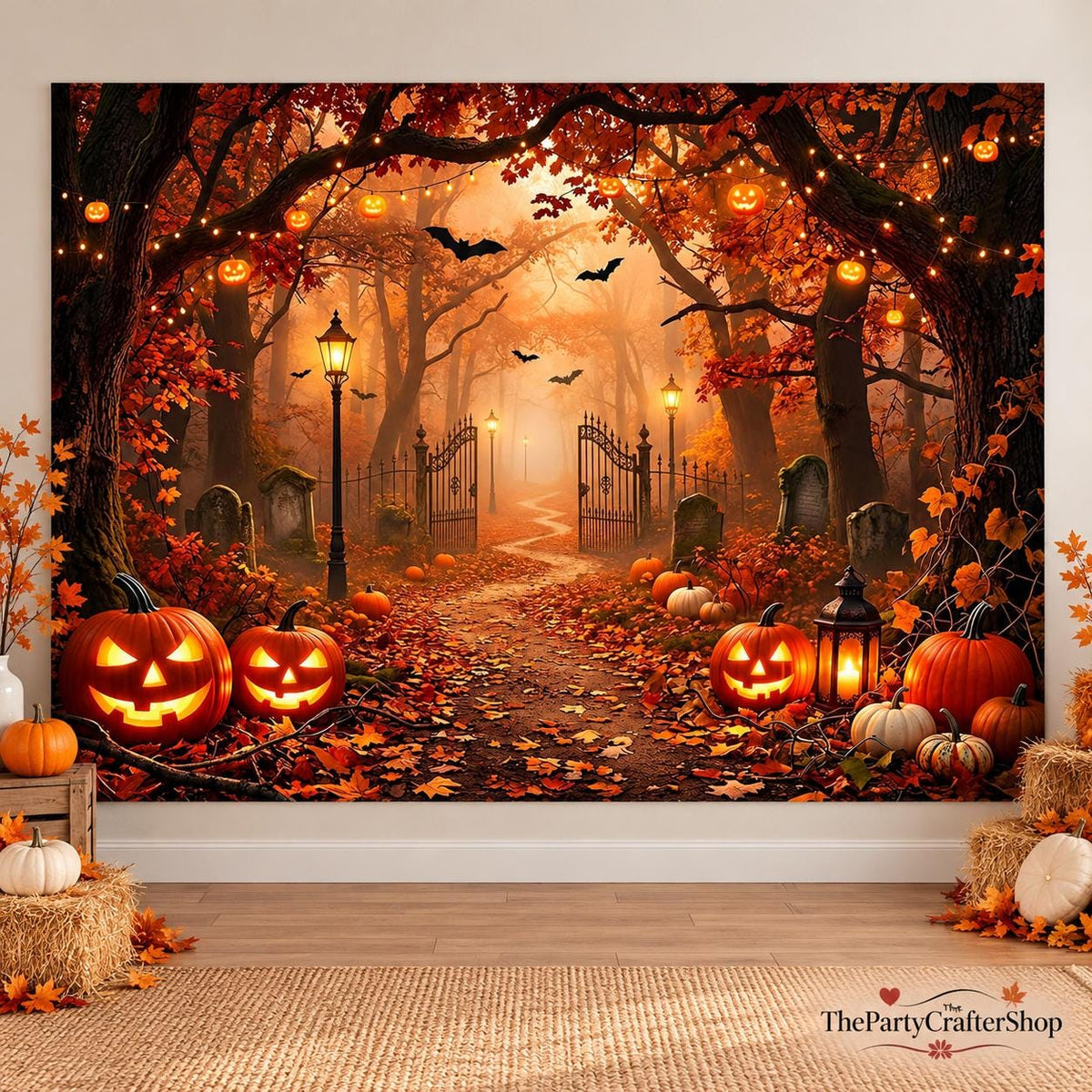7x5ft Halloween Forest Backdrop, Spooky Street Scene, Jack O Lanterns, Bats, Tombstones (Polyester Fabric)