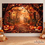 7x5ft Halloween Forest Backdrop, Spooky Street Scene, Jack O Lanterns, Bats, Tombstones (Polyester Fabric)