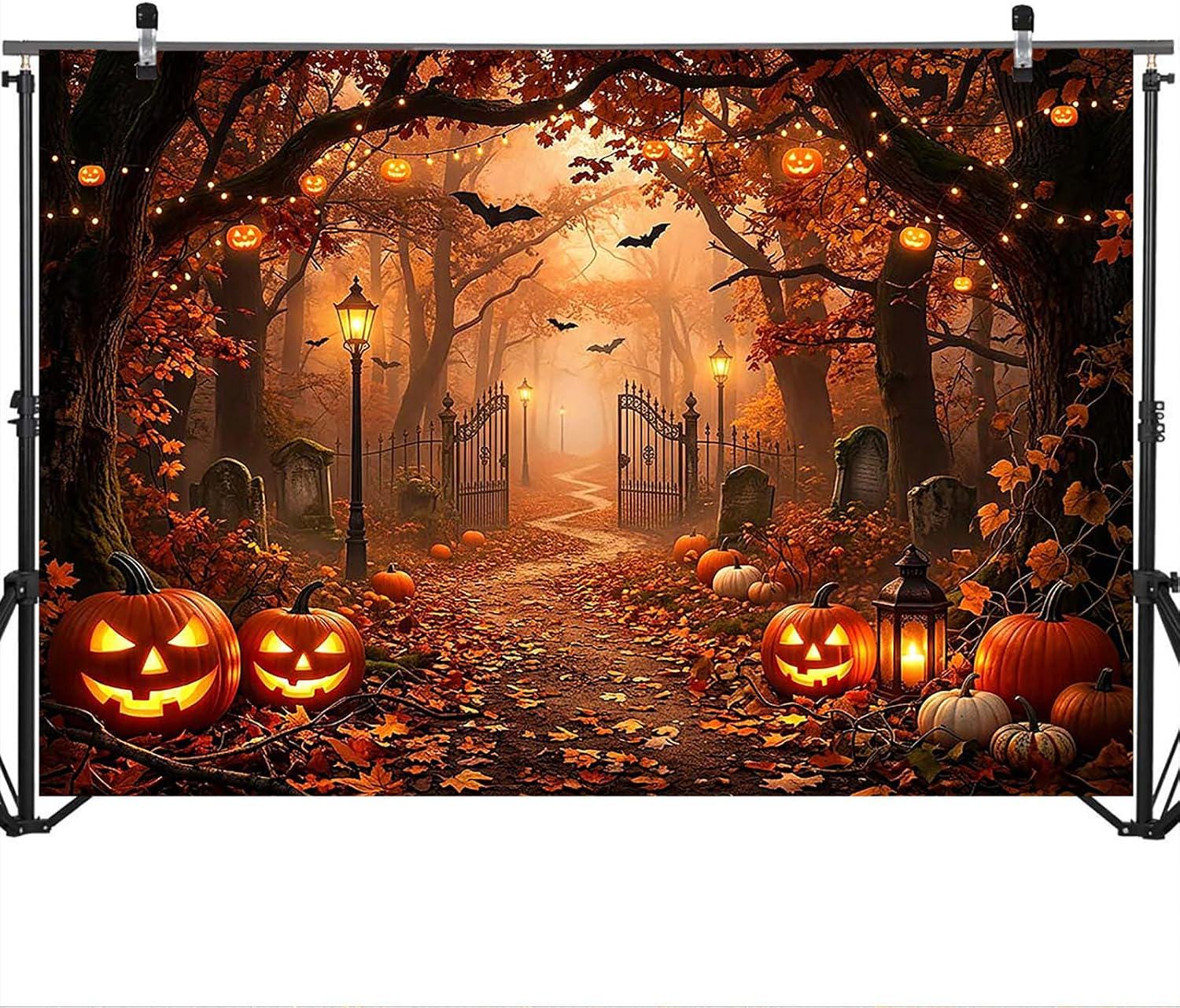 7x5ft Halloween Forest Backdrop, Spooky Street Scene, Jack O Lanterns, Bats, Tombstones (Polyester Fabric)