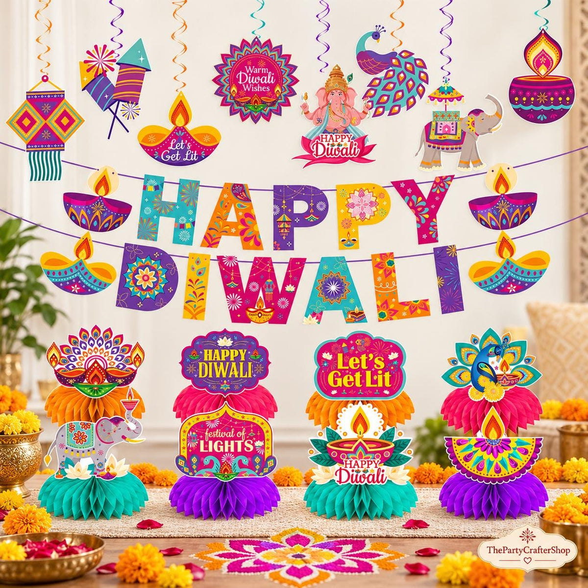 Happy Diwali Banner and Centerpieces: Coordinated Indian Cultural Event Decor Set