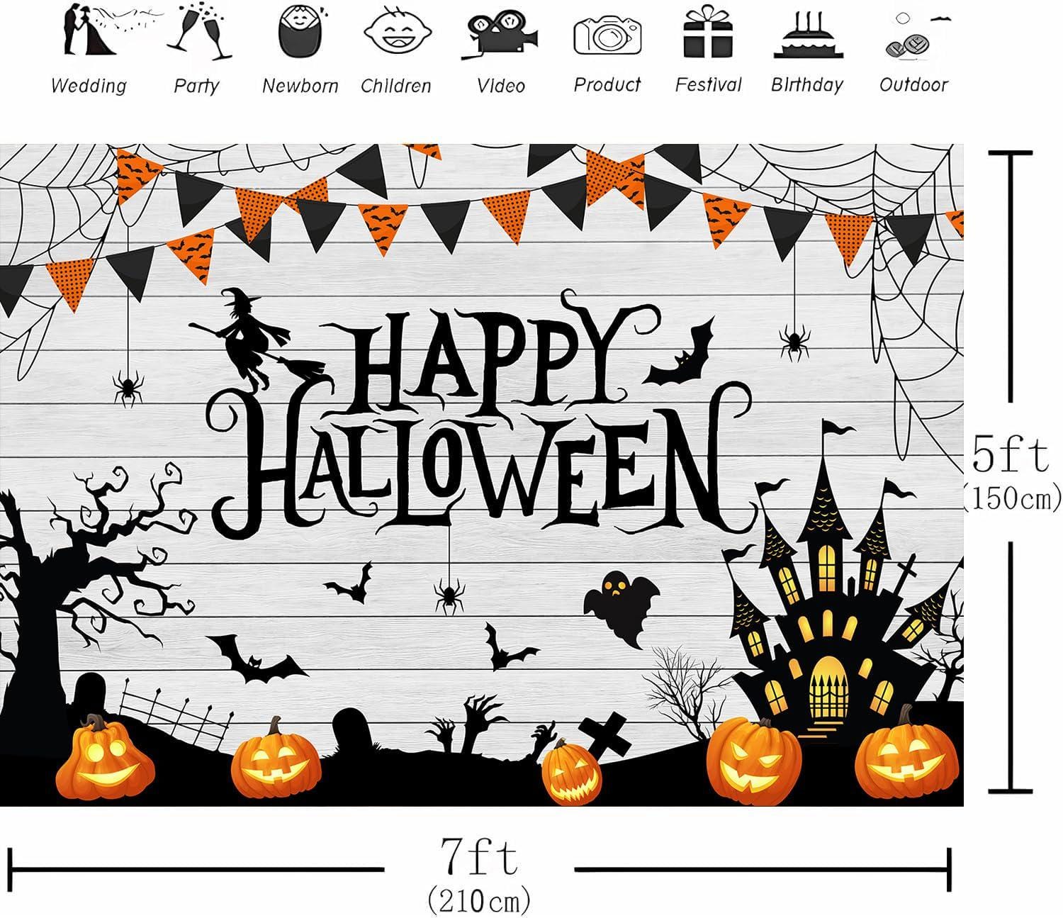 7x5FT Halloween Backdrop, White Wood Spider Web Pumpkin Banner, Bats Witch Haunted House Photo Booth Kids Party Wall Decor