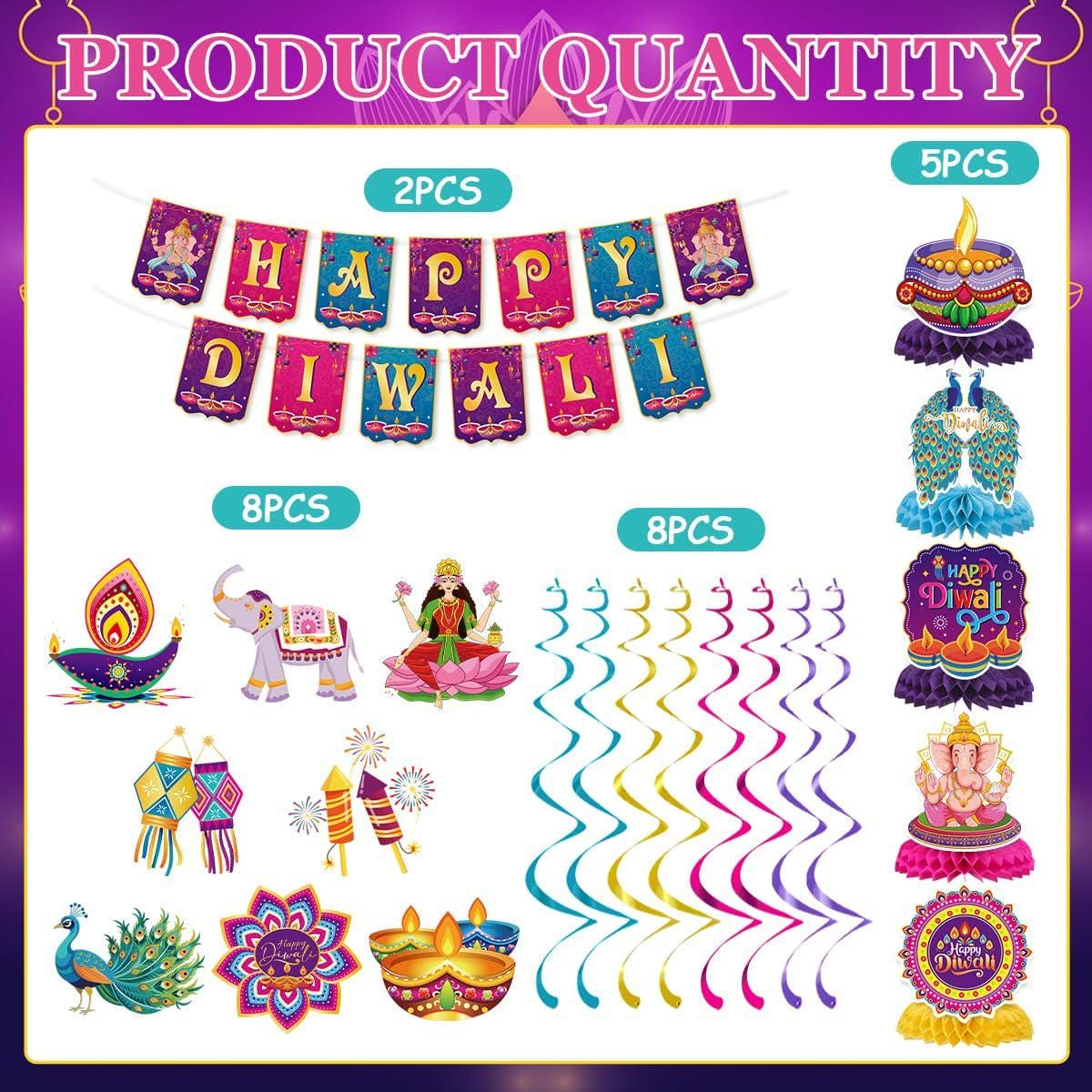 Happy Diwali Banner Set: Coordinated Cardstock Swirls and Honeycomb Centerpieces