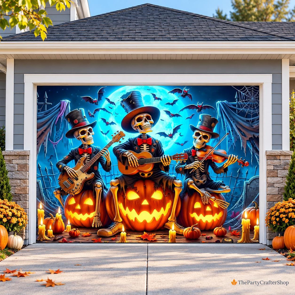 7x8 ft Halloween Garage Door Cover, Skeleton Band Horror Night Backdrop (Outdoor Indoor)
