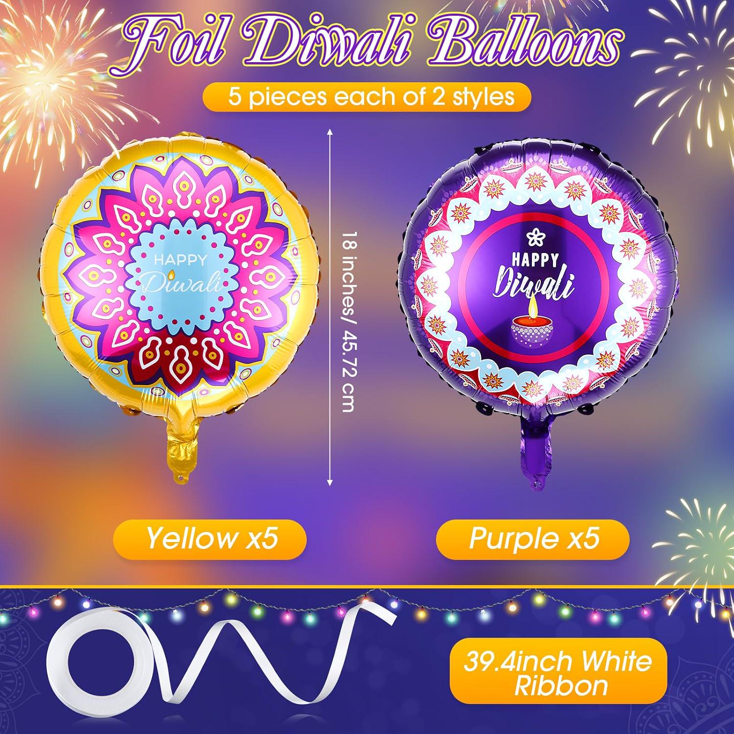 Happy Diwali Foil Balloons, 10-Pack Set with White Ribbon (18-Inch)