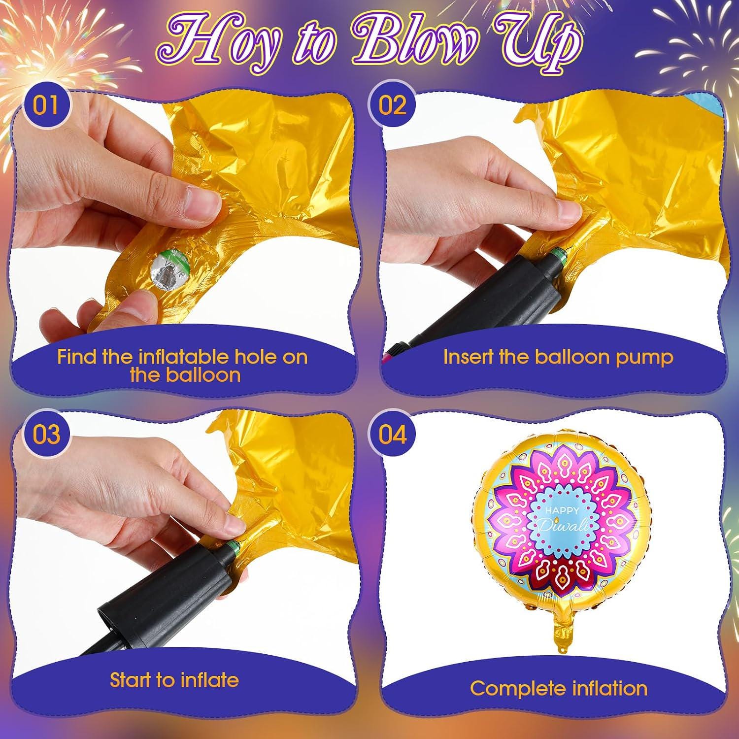 Happy Diwali Foil Balloons, 10-Pack Set with White Ribbon (18-Inch)