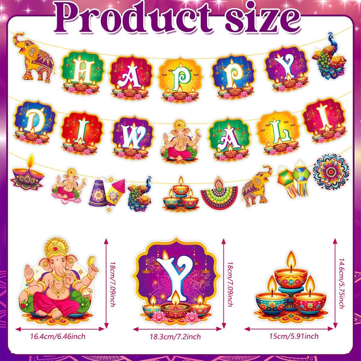 Festival of Lights Display: 8 Diwali Swirls + 2 Banners with Diya Elephant Lotus