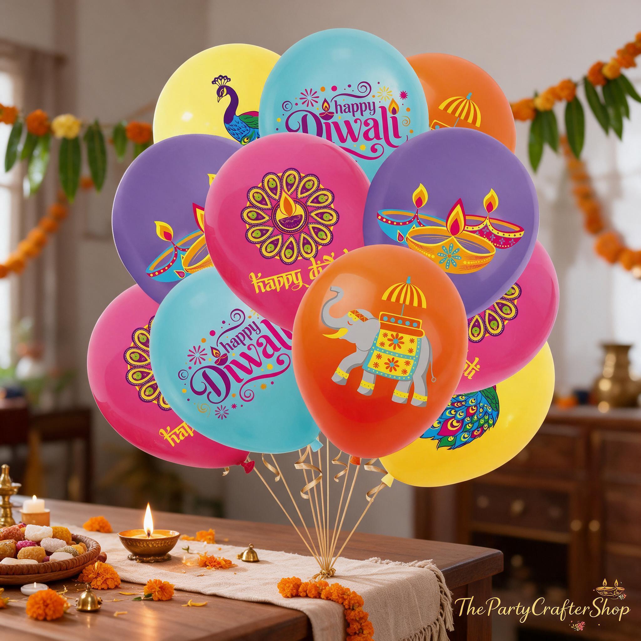 Festival of Lights Balloons, 5 Designs (Elephant, Peacock, Diya, Mandala)