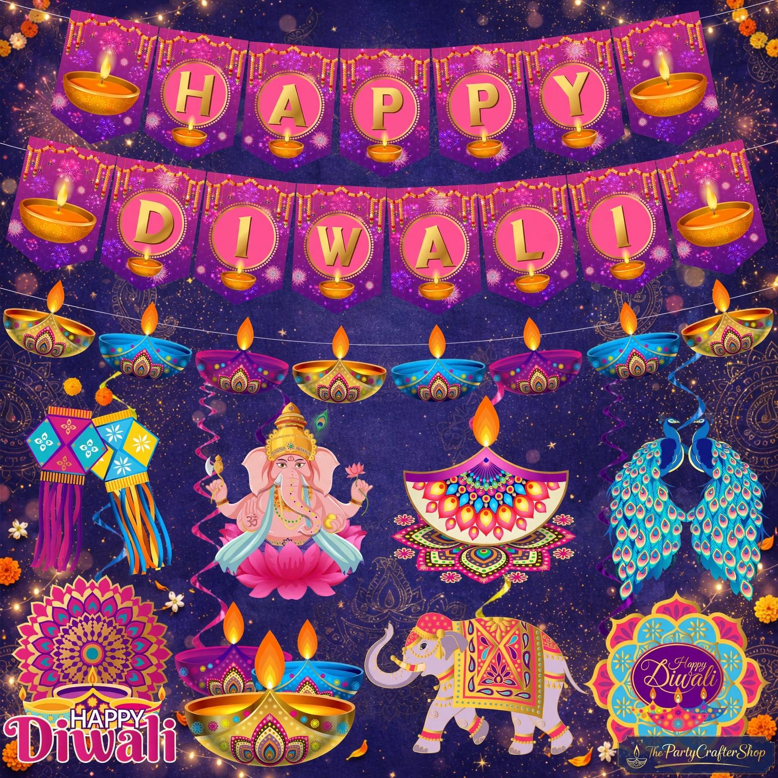 Happy Diwali Hanging Set: Diyas, Fireworks, Elephants, Rose Red and Golden Yellow Accents