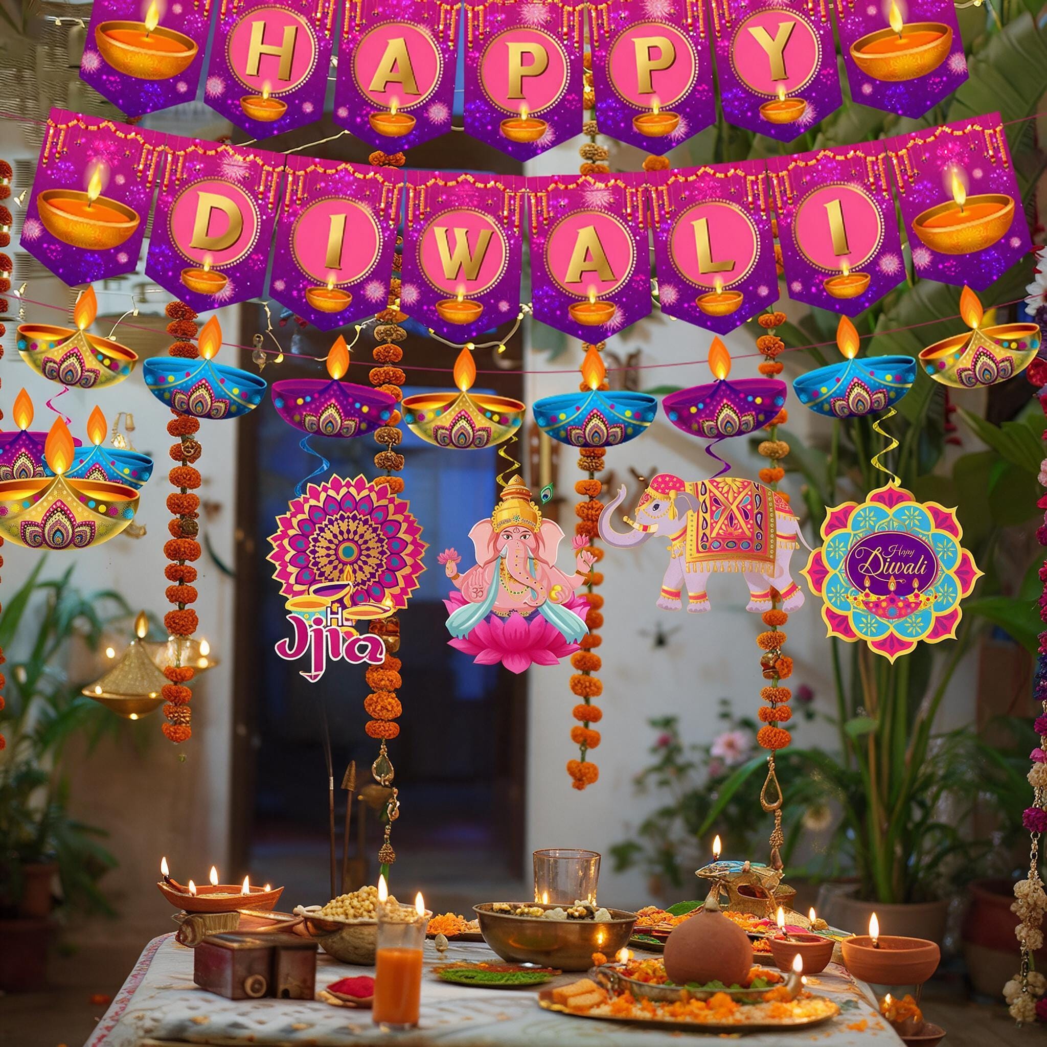 Happy Diwali Hanging Set: Diyas, Fireworks, Elephants, Rose Red and Golden Yellow Accents