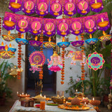 Happy Diwali Hanging Set: Diyas, Fireworks, Elephants, Rose Red and Golden Yellow Accents