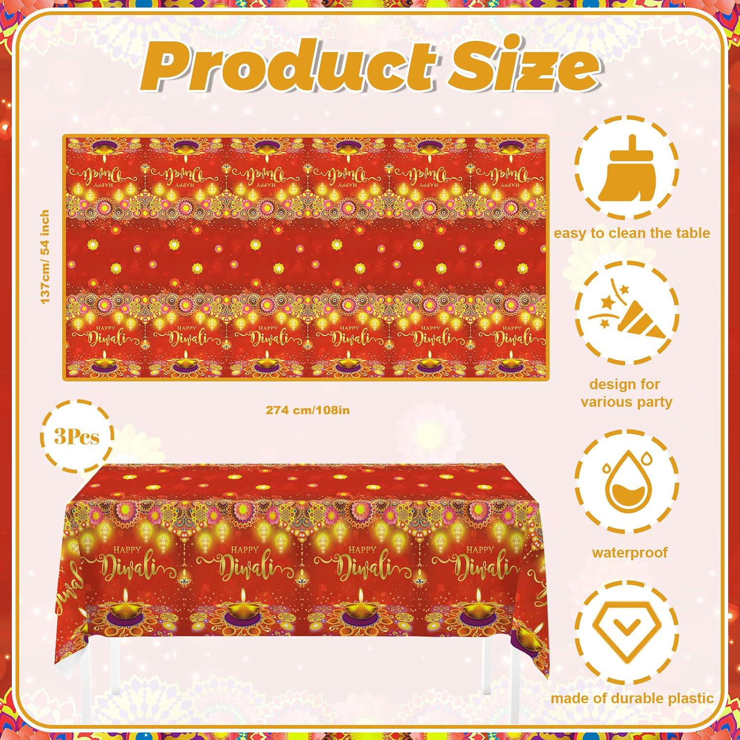 Happy Diwali Tablecloths Set, Durable Plastic Red Gold Diya Flower Motif Decor